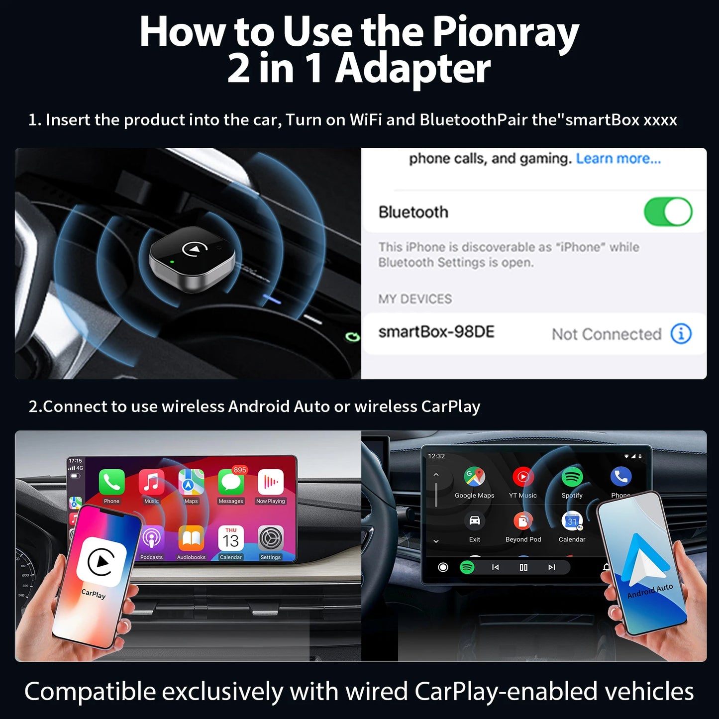 Pionray Wireless CarPlay & Android Auto Adapter